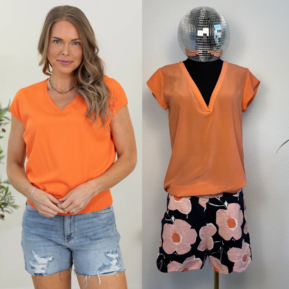 Joie 100% Silk V-Neck Blouse | Orange Cap Sleeve Top, Size Small Office Chic